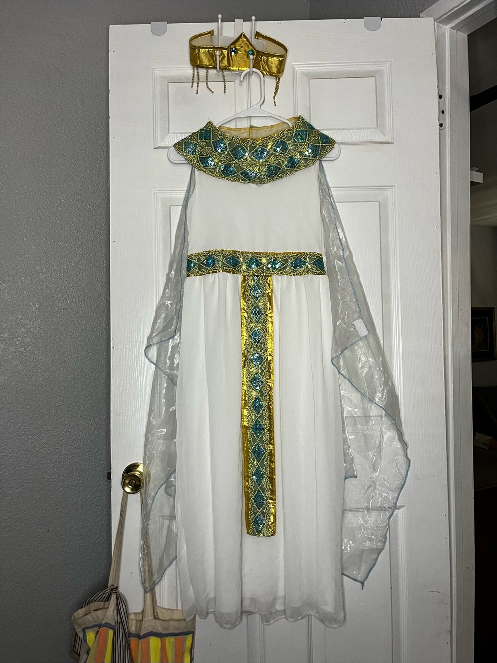White and Gold Cleopatra Costume Dress with Teal Accents and Crown